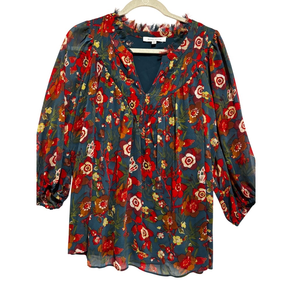 Rose + Olive Floral Butterfly Chiffon Blouse Dark Teal Fringe V-Neck Sz 1X Boho